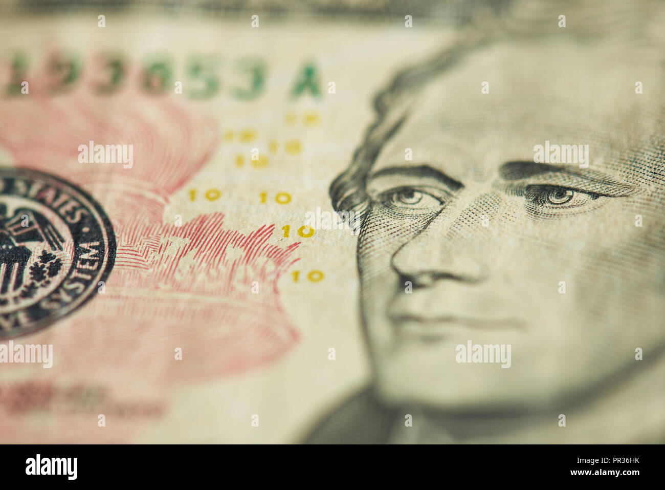 Präsident Hamilton Portrait auf Dollar banknote Nähe zu sehen. Stockfoto