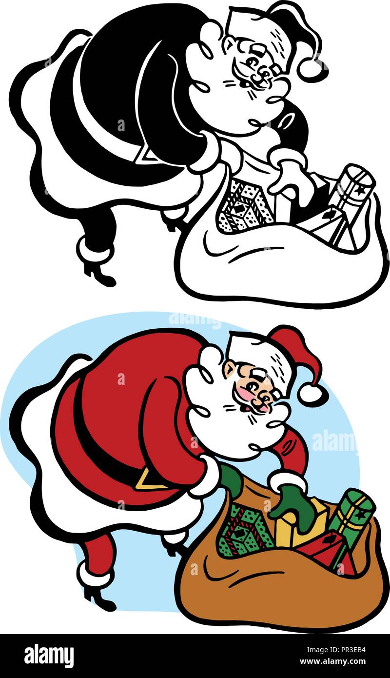 Der Weihnachtsmann beugt sich über seinen Sack von verpackten Weihnachtsgeschenke. Stock Vektor