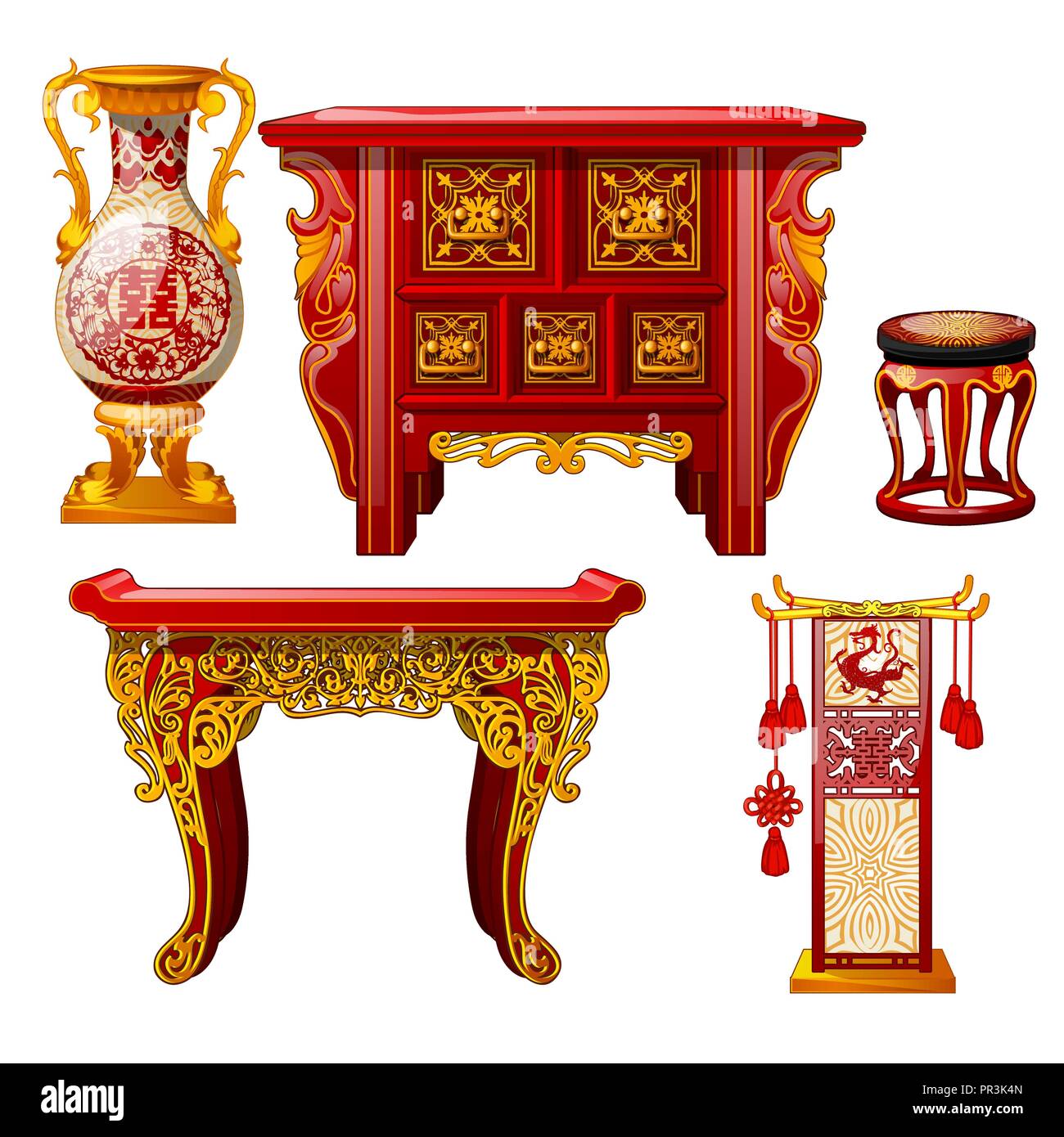 Satz verzierte Möbel im orientalischen Stil auf weißem Hintergrund. Red floor Vase, Tisch mit gold Ornament. Stilvolle Elemente der alten östlichen Inneren. Vektor cartoon Close-up Abbildung. Stock Vektor