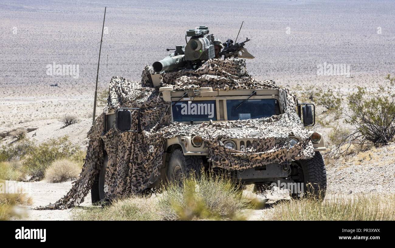 Us-Marines mit kombinierten Anti-Armor Team (CAAT), 1., 1. Marine Regiment, Marine Air Ground Task Force-8 (MAGTF-8) Manöver zum nächsten Ziel für eine Mechanisierte Tank Assault Course (TMAC) Während der integrierte Ausbildung Übung (ITX) 5-17 in der Marine Corps Air Ground Combat Center, Twentynine Palms, Calif., 28. Juli 2017. Der Zweck von ITX ist eine anspruchsvolle, realistische Umgebung, produziert combat ready"-Kräfte, die als integrierte Magtf zu erstellen. Stockfoto