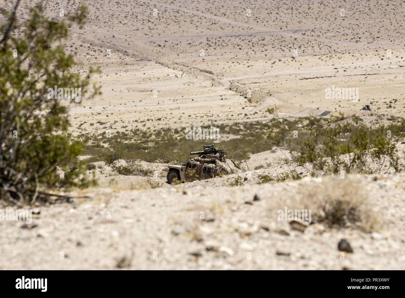 Us-Marines mit kombinierten Anti-Armor Team (CAAT), 1., 1. Marine Regiment, Marine Air Ground Task Force-8 (MAGTF-8) das nächste Ziel bei der Durchführung einer mechanisierten Tank Assault Course (TMAC) Während der integrierte Ausbildung Übung (ITX) 5-17 in der Marine Corps Air Ground Combat Center, Twentynine Palms, Calif., 28. Juli 2017. Der Zweck von ITX ist eine anspruchsvolle, realistische Umgebung, produziert combat ready"-Kräfte, die als integrierte Magtf zu erstellen. Stockfoto