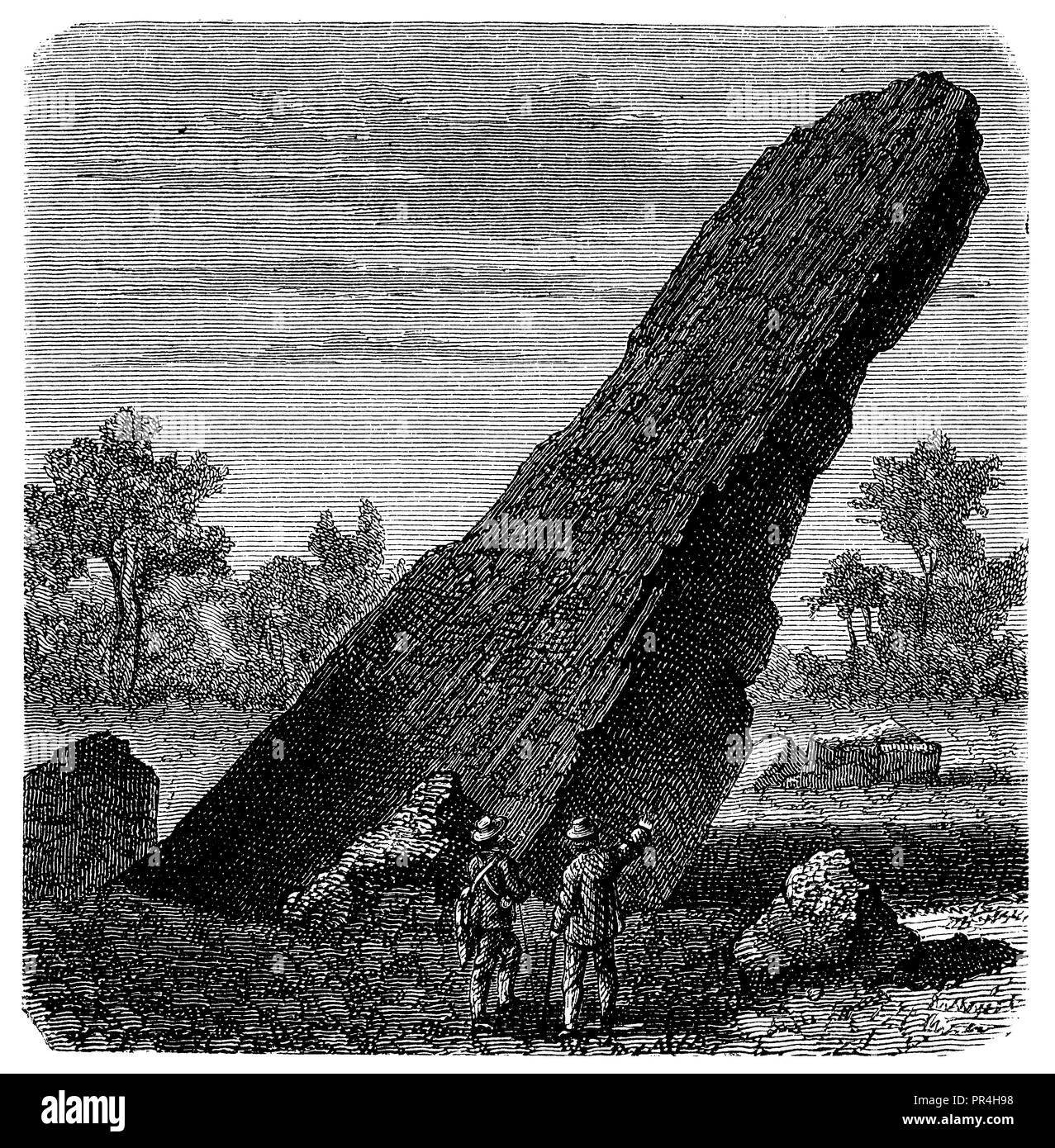 Vor der Teufelsstein. Erratischen Block von Jura Kalkstein auf Schiefer (Pyrenäen). Originalzeichnung von E.Collomb, 1874 Stockfoto