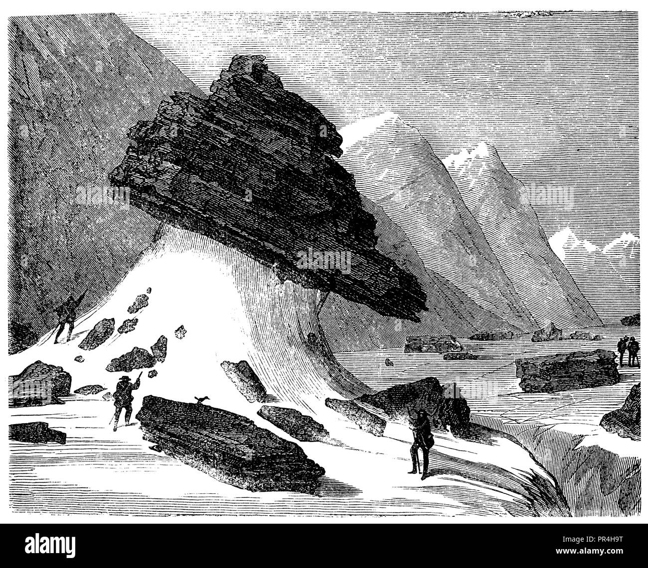 Erratische Block (Granit) auf dem Aargletscher, 1874 Stockfoto