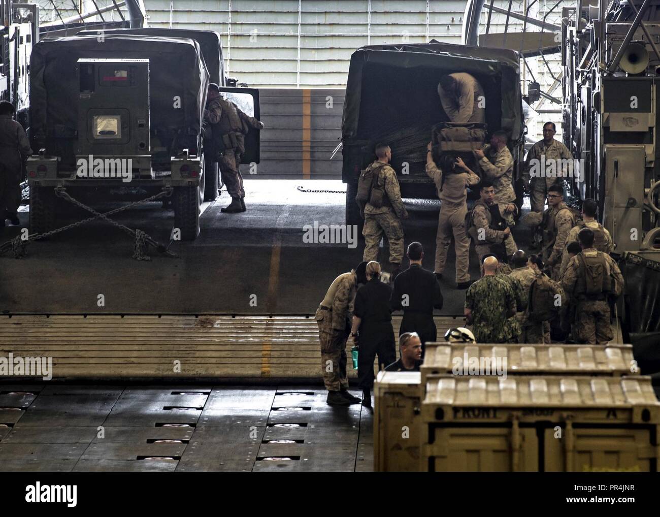 Golf von Aden (Sept. 10, 2018) U.S. Marines last Gang auf einen Lkw in der gut Deck von Wasp-Klasse amphibisches Schiff USS Essex (LL 2) während der Teilnahme an Theater amphibischen Kampagne Probe (TACR) 18. Geführt von Naval Amphibious Force, Task Force 51/5 th Marine Expeditionary Brigade, TACR integriert die US Navy und Marine Corps Vermögenswerte zu üben und eine Reihe von kritischen bekämpfen - ähnliche Funktionen für US Central Command, sowohl über Wasser und an Land, Stabilität und Sicherheit in der Region zu fördern. 5. US-Flotte und Koalition sind die Teilnahme an zahlreichen gleichzeitigen Stockfoto