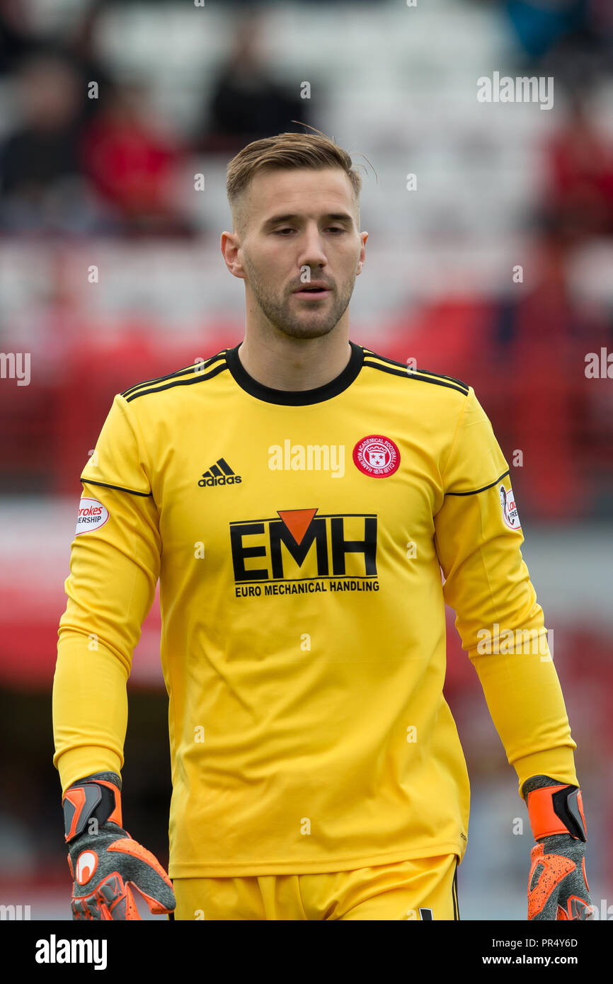 Hoffe CBD Stadion, Hamilton, Großbritannien. 29 Sep, 2018. Ladbrokes Premiership Fußball, Hamilton gegen Dundee; Gary Woods von Hamilton akademische Gutschrift: Aktion plus Sport/Alamy leben Nachrichten Stockfoto