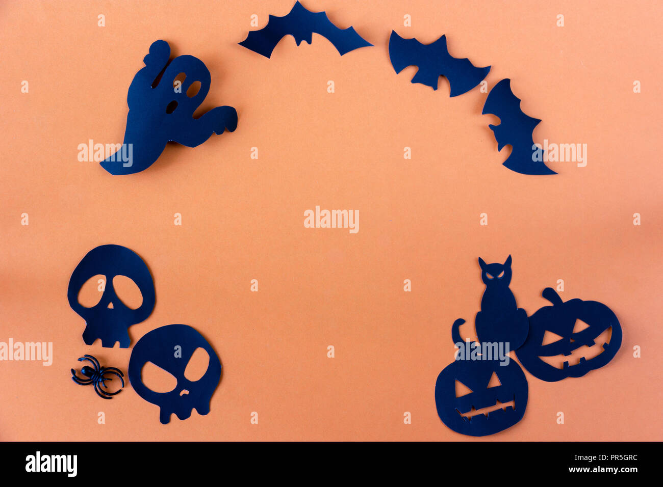 Halloween Konzept mit schwarze Katze und Kürbis und Spinne und Schädel auf orangem Hintergrund. Stockfoto