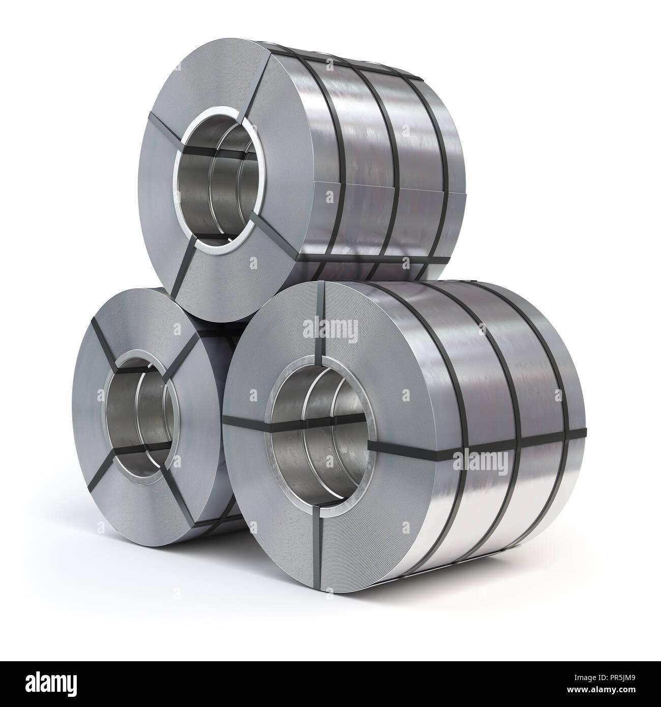 Rollen von gewalztem Stahlblech auf weißem Hintergrund. Produktion, Lieferung und Lagerung von Produkten aus Metall. 3D-Darstellung Stockfoto
