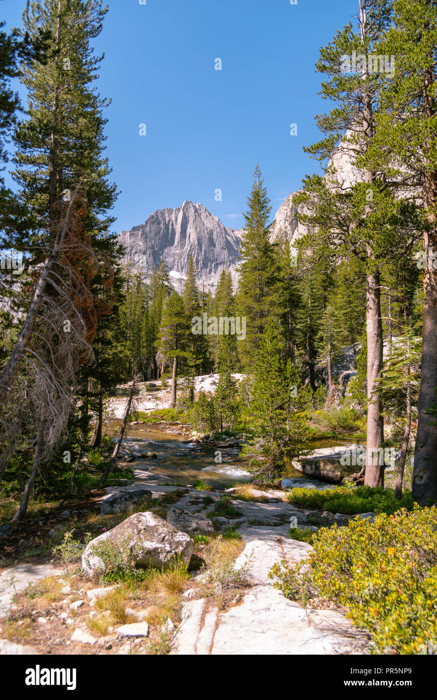 Blick entlang der King River. John Muir Trail/Pacific Crest Trail; Sequoia Kings Canyon Wilderness; Kings Canyon National Park; Berge der Sierra Nevada, Stockfoto