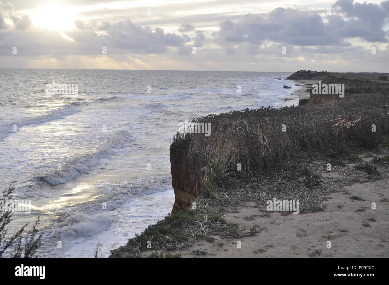 Küstenerosion an Happisburgh, nach Osten in Richtung Warenkorb Lücke, in North East Norfolk, England Großbritannien Stockfoto