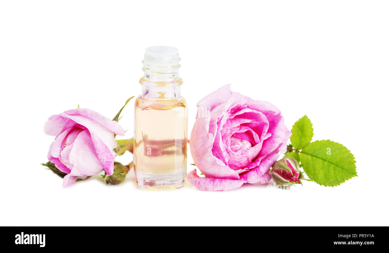Durchstechflasche mit ätherischen Öl- und zwei Rosen auf weißem Hintergrund Stockfoto