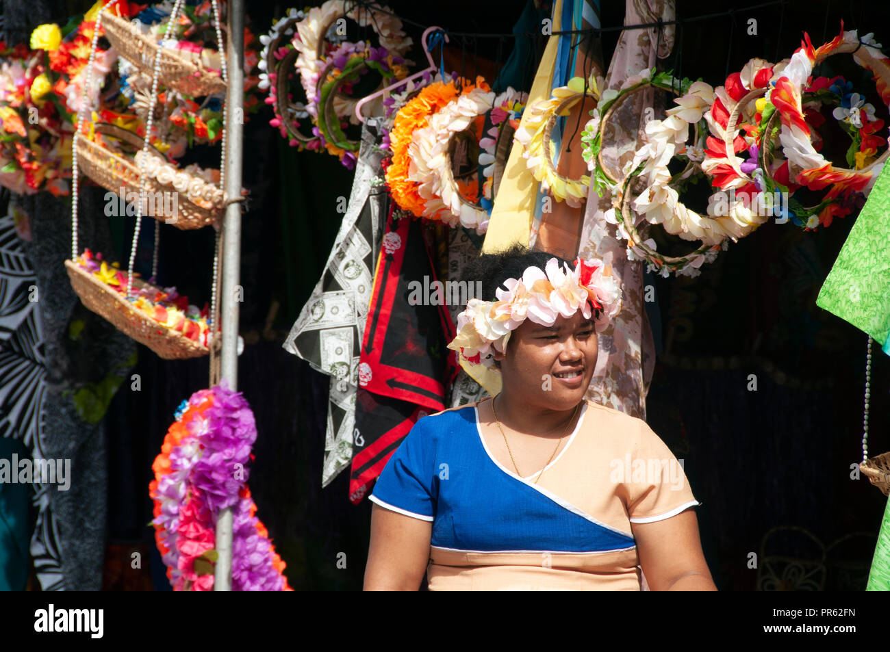 Samoanischen Frau in typischen Stirnband, Pago Pago, Insel Tutuila, Amerikanisch Samoa Stockfoto