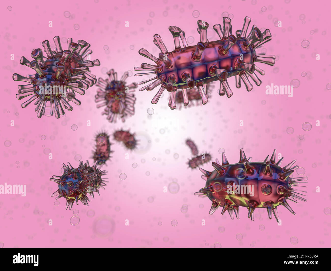 Wissenschaftlicher Hintergrund mit Bakterien, Viren, Mikroorganismen, 3D-Rendering Stockfoto