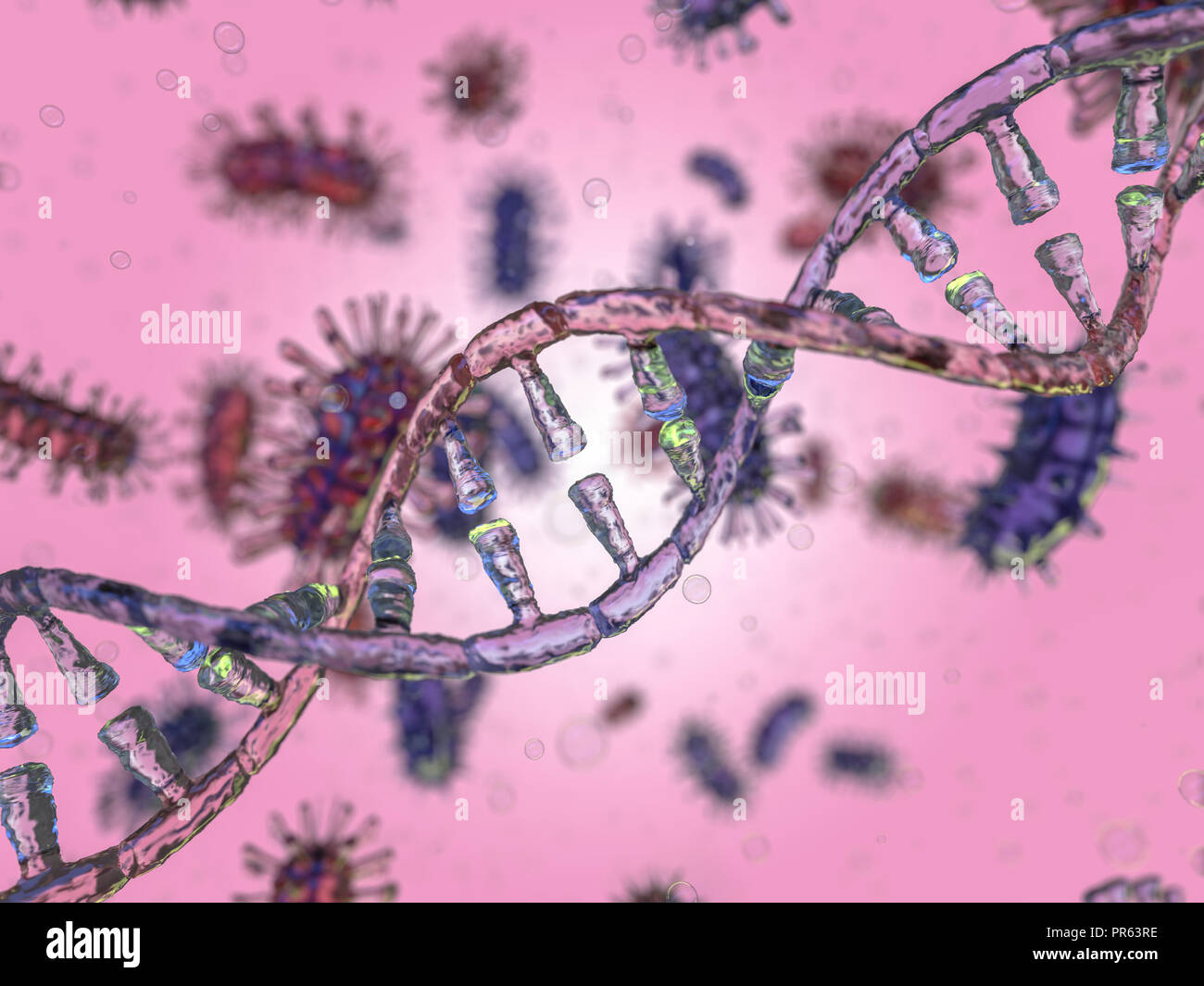 Wissenschaftlicher Hintergrund mit Bakterien, Viren, Mikroorganismen, 3D-Rendering Stockfoto