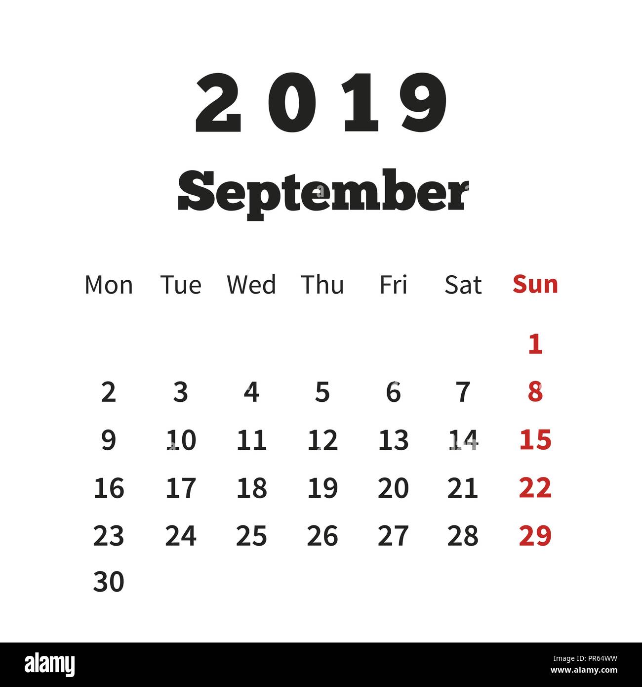 Einfacher Kalender september 2019 Jahr mit Woche ab Montag isoliert auf  weißem Stock-Vektorgrafik - Alamy