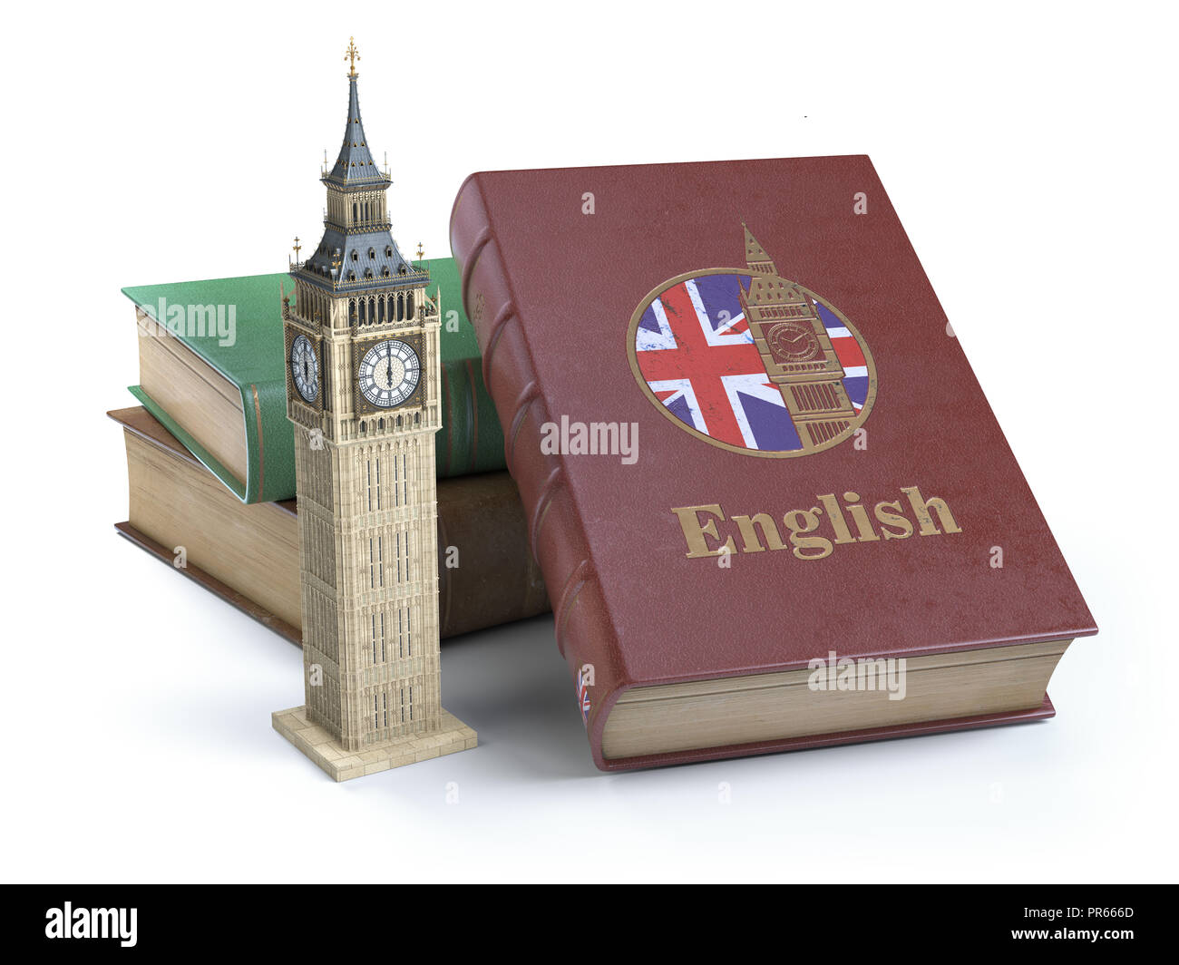 Studieren und Englisch Konzept lernen. Buch mit Flagge von Großbritannien und Big Ben tower isoliert auf Weiss. 3d Iluustration Stockfoto