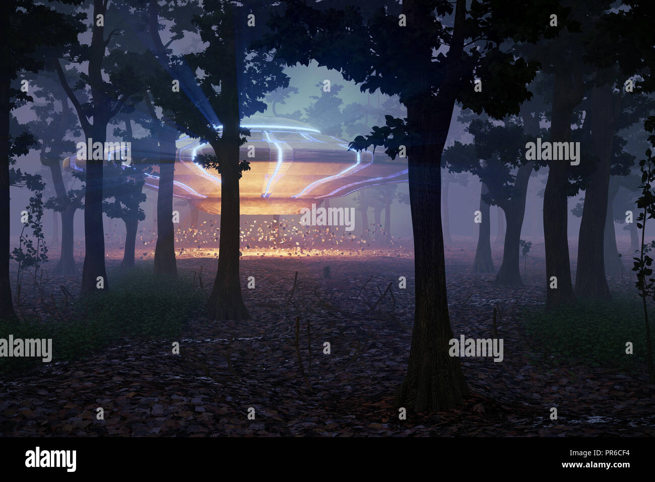 UFO-Landung im Wald bei Nacht, science fiction Szene mit Alien Raumschiff (3D-Rendering) Stockfoto