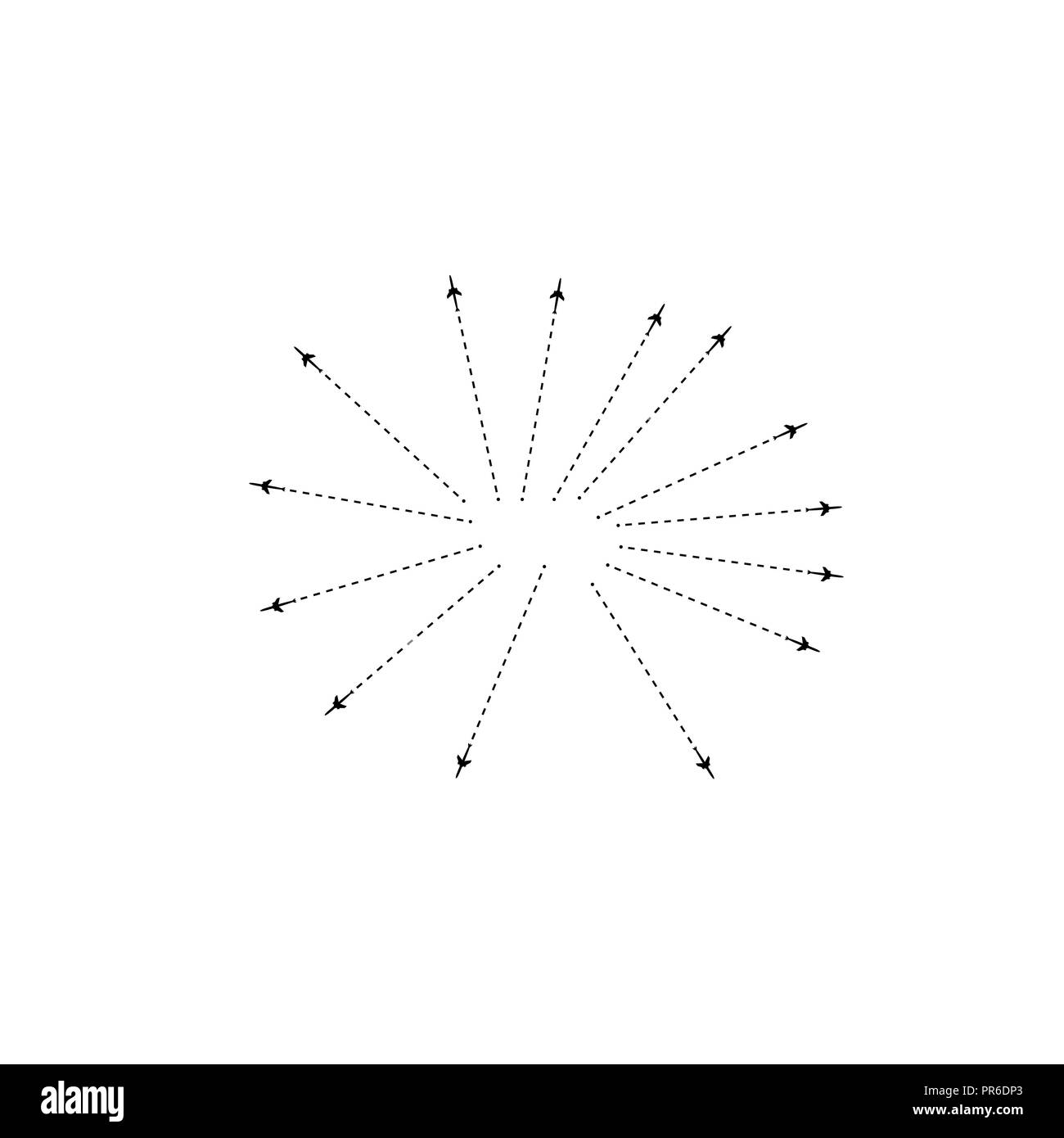 Das Flugzeug ist in einer gepunkteten Linie. Der fliegende Wohnung ist Schwarz. Und seine Spur auf einem weißen Hintergrund. Der Wegpunkt wird für eine touristische Reise Stock Vektor
