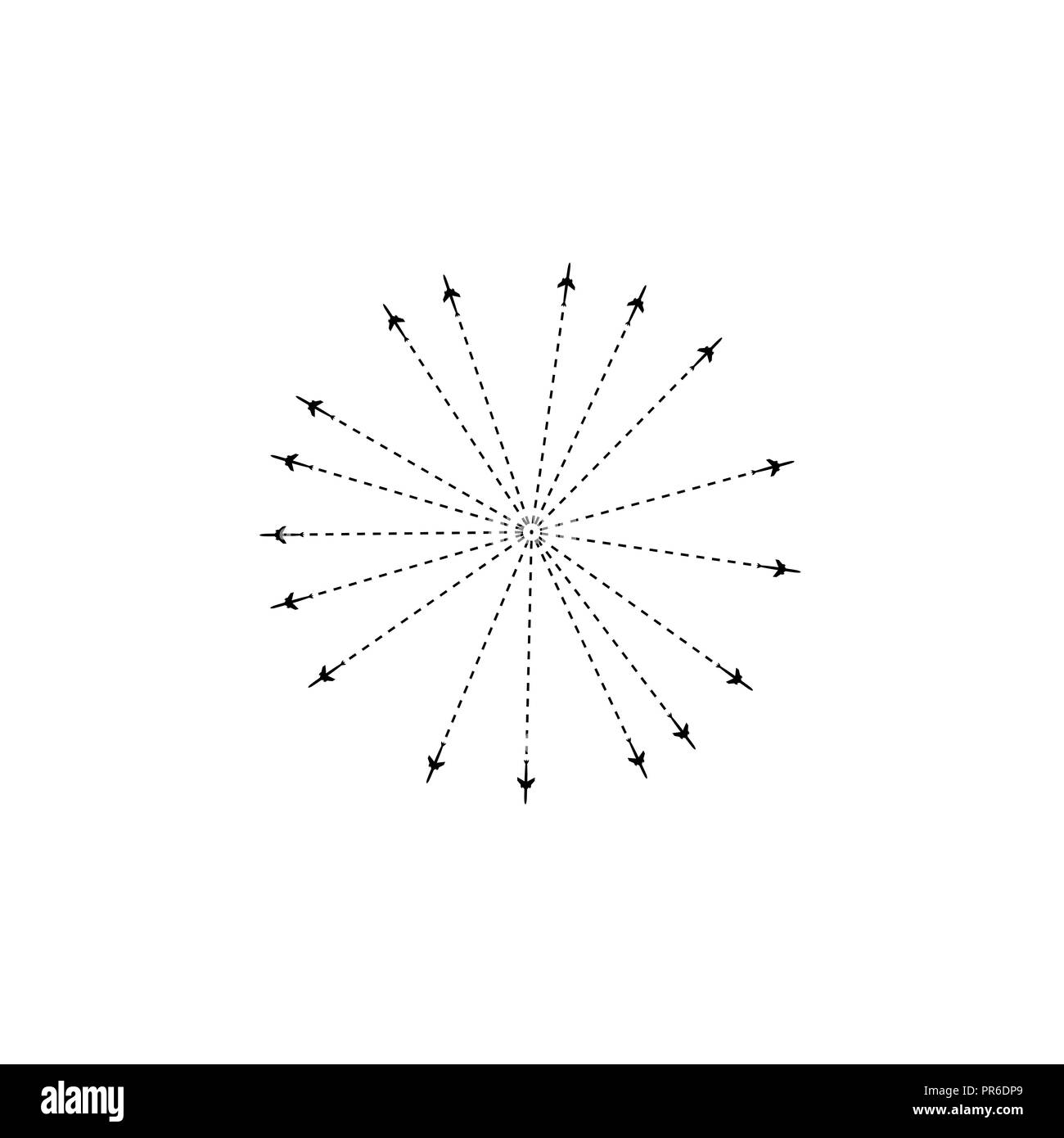Das Flugzeug ist in einer gepunkteten Linie. Der fliegende Wohnung ist Schwarz. Und seine Spur auf einem weißen Hintergrund. Der Wegpunkt wird für eine touristische Reise Stock Vektor
