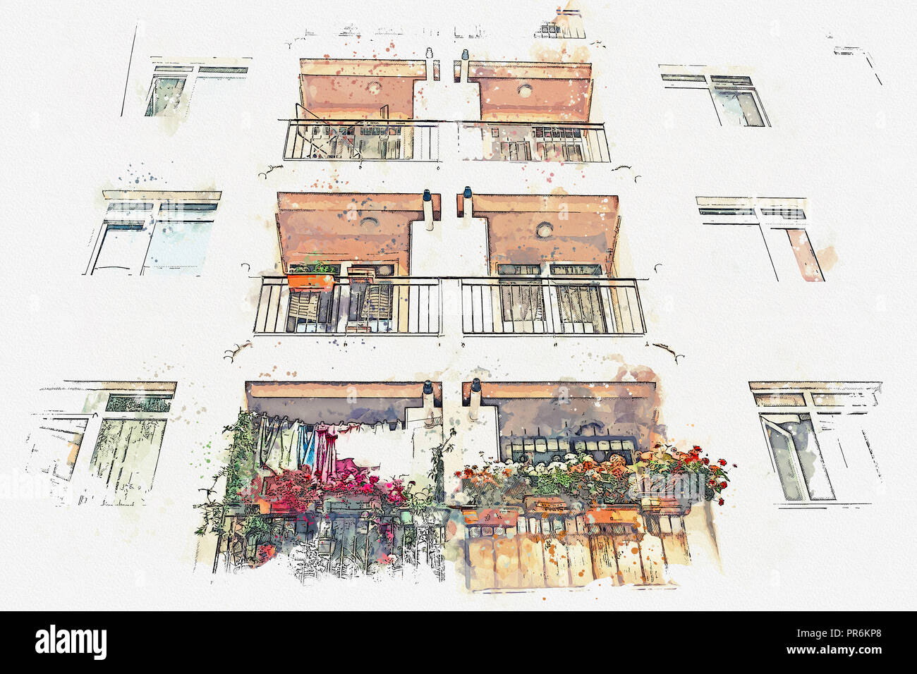 Ein Aquarell Skizze oder Abbildung eines traditionellen Apartment Haus in Istanbul, Türkei. Stockfoto