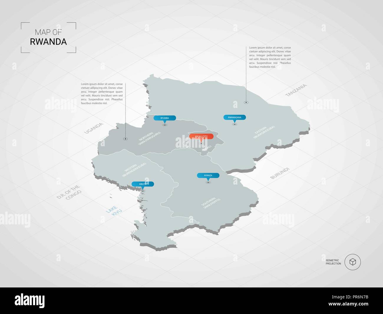 Isometrische 3D-Ruanda Karte. Stilisierte Vektorkarte Abbildung mit Städten, Ländergrenzen, Kapital, administrative divisions und Zeiger markiert; Gradient backgro Stock Vektor