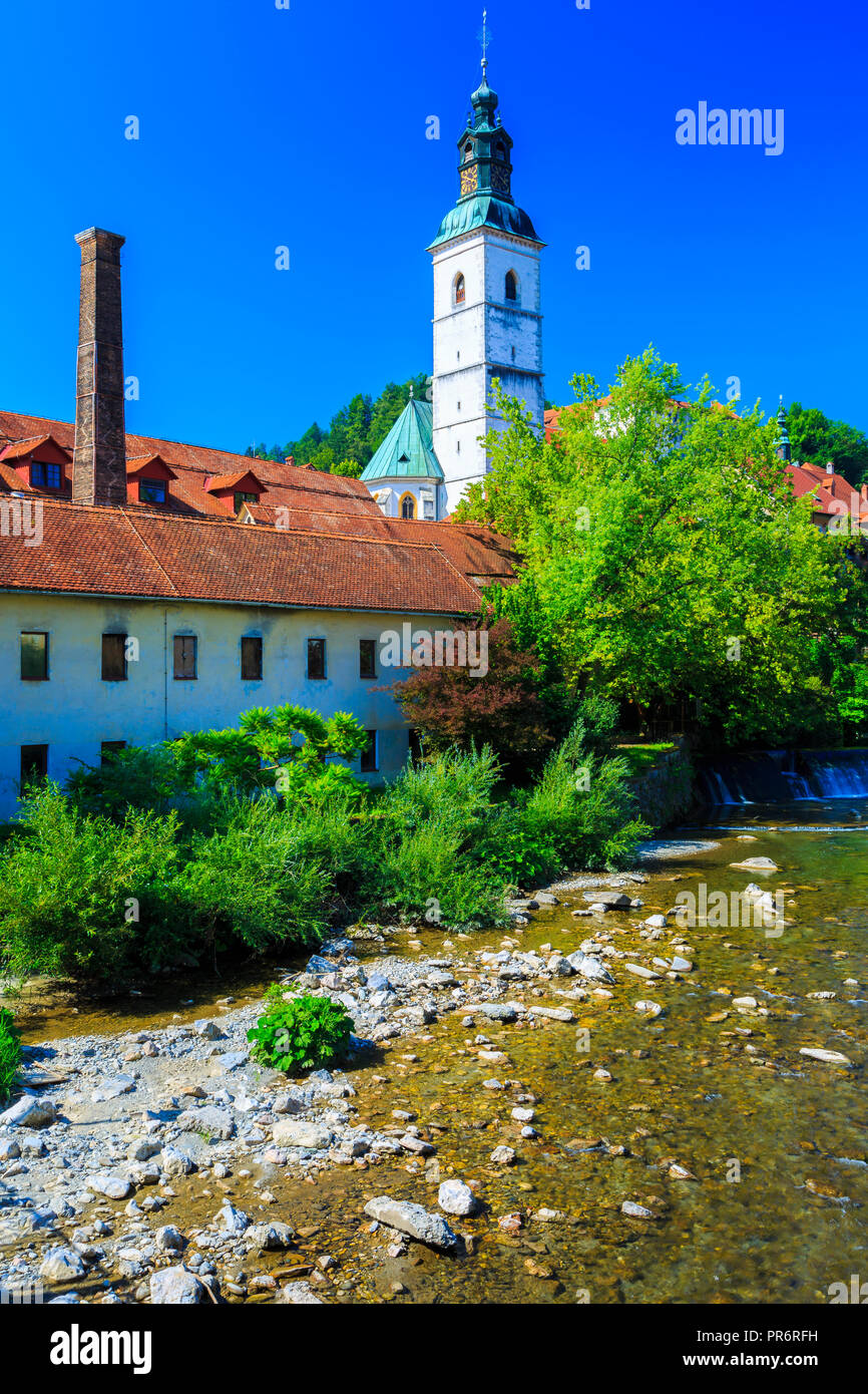 Die selca Sora Fluss in Skofja Loka. Stockfoto