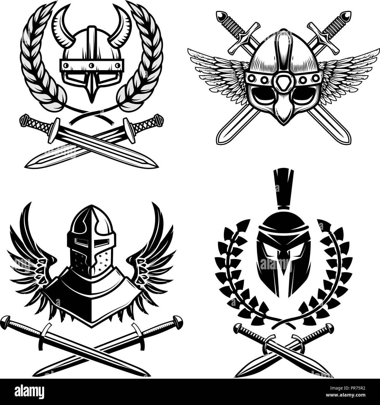 Einstellen der Embleme mit Viking alte Waffe. Design Element für Logo, Label, Emblem, Zeichen, Poster. Vector Illustration Stock Vektor