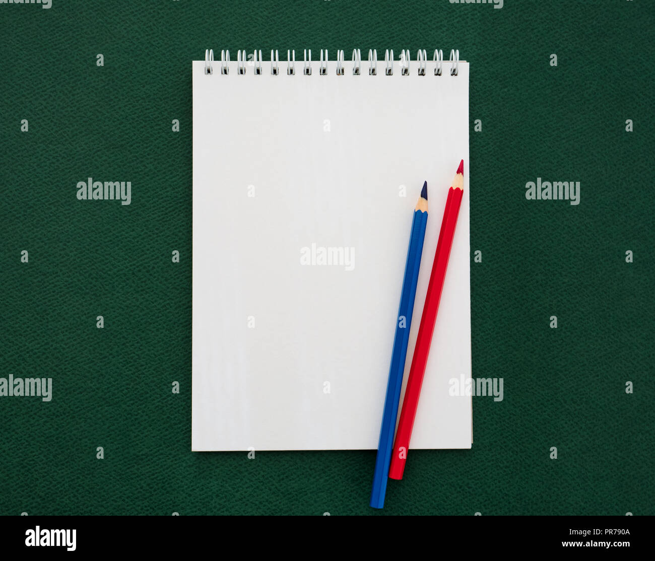 Notebook und Buntstifte auf grünem Hintergrund Stockfoto