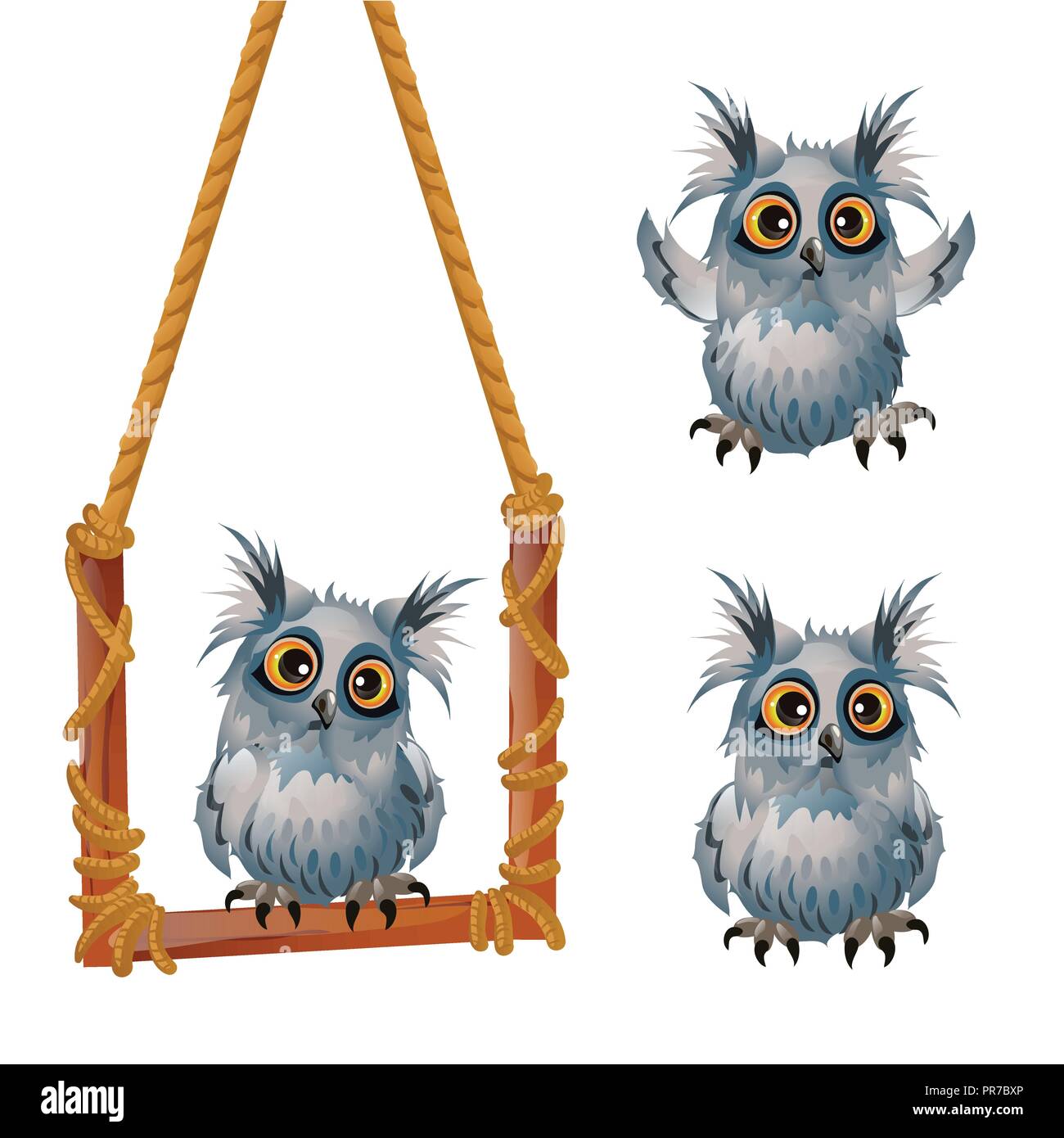 Süße flauschige graue Eule sitzt auf einem schwingenden Barsch auf weißem Hintergrund. Skizze für ein Plakat oder Feier Karte für alle bösen Geister Halloween. Vektor cartoon Close-up Abbildung. Stock Vektor