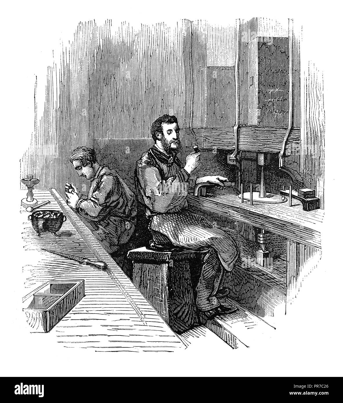 19 Abbildung: eine Szene, wo zwei Leute polieren Diamanten. In "Die praktische Zeitschrift, eine Illustrierte Cyclopedia von Industria veröffentlicht. Stockfoto
