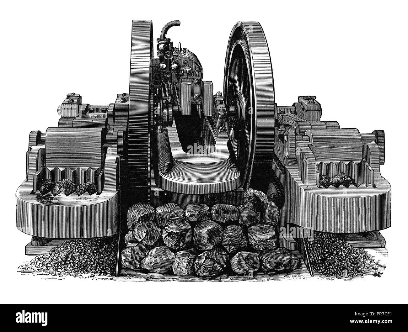 19 Abbildung: ein Erz-Brecher mit Patent Paketierung Kiefer. In "Die praktische Zeitschrift, eine Illustrierte Cyclopedia von Industrial News veröffentlicht. Stockfoto