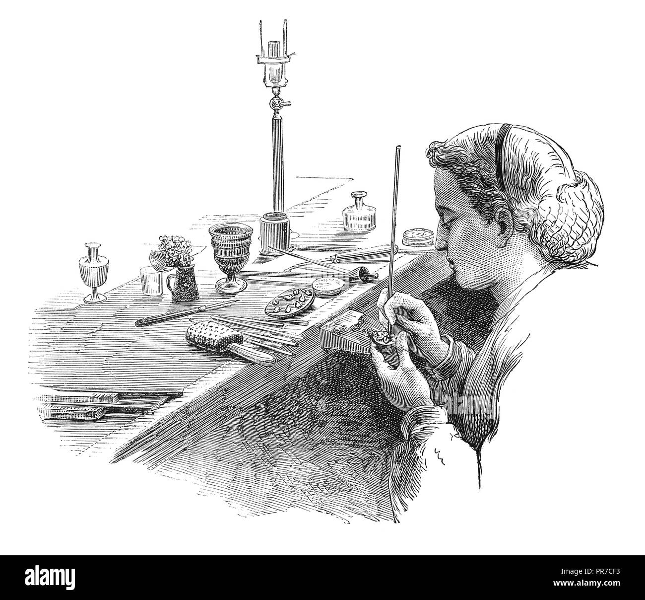 Illustration des Polierens aus dem 19. Jahrhundert - häufiges Arbeiten in der Schmuckherstellung. Veröffentlicht in 'The Practical Magazine, an Illustrated Cyclopedia Stockfoto