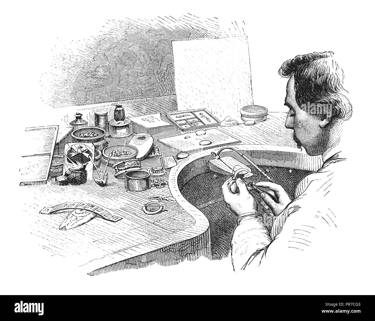 19 Abbildung vom Juwelier, Sägen die Form eines Objekts. In "Die praktische Zeitschrift, eine Illustrierte Cyclopedia von Indust veröffentlicht. Stockfoto