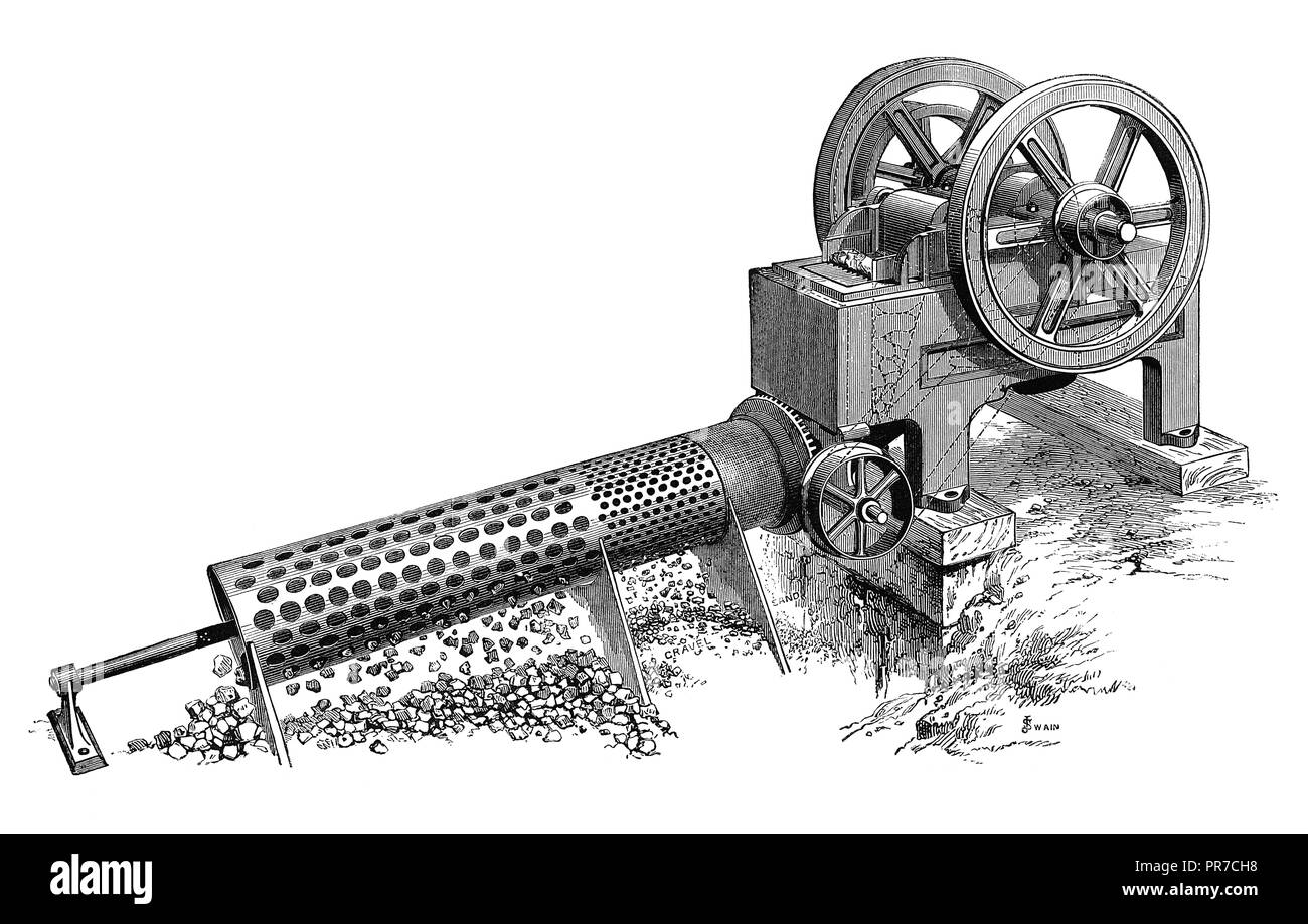 19 Abbildung: Stone Breaker mit Bildschirm. In "Die praktische Zeitschrift, eine Illustrierte Cyclopedia von Industrial News, Inventio veröffentlicht. Stockfoto