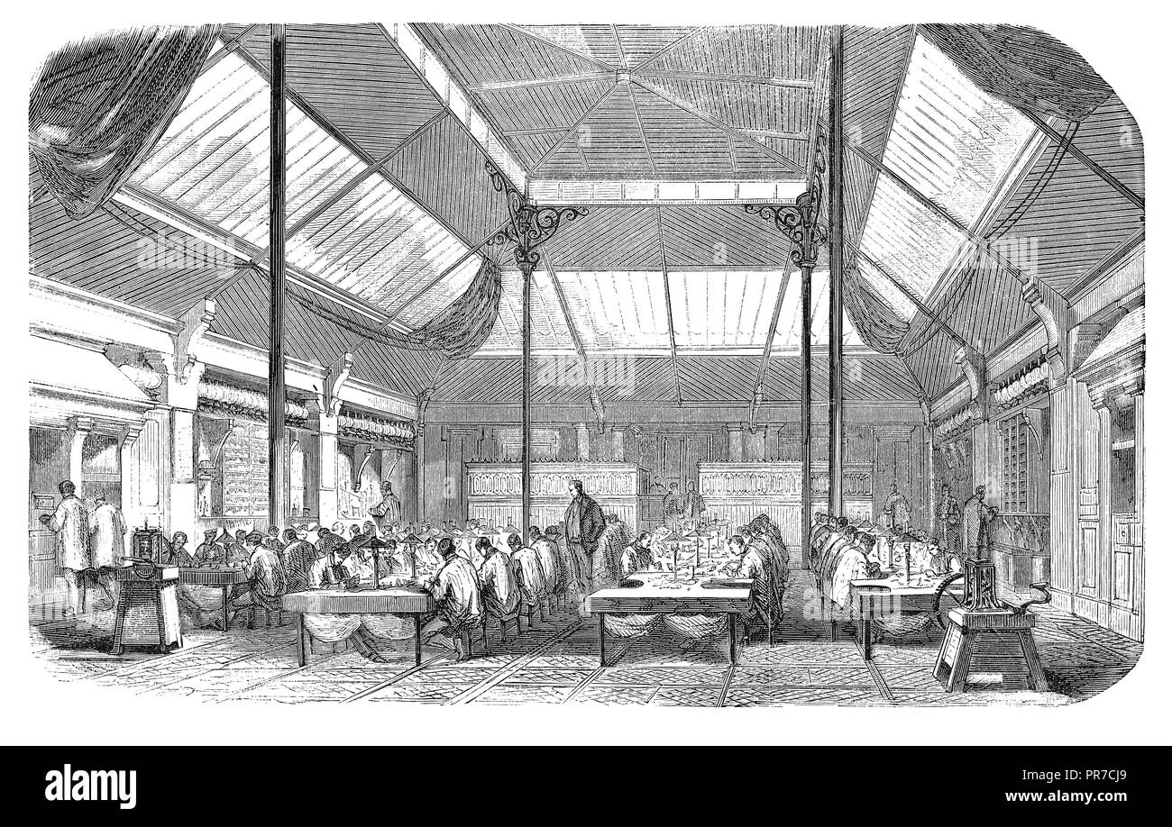 19. Jahrhundert Illustration der zentralen Werkstatt von Rouvenat's Schmuck-Fabrik (c. 19. Jahrhundert, Paris, Frankreich). Stockfoto