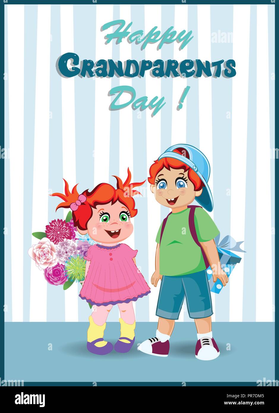Glückliche Großeltern-Tag Grußkarte. Cartoon Vector Illustration der Enkelin und Enkel mit Blumen und Geschenk für Oma und gra Stock Vektor