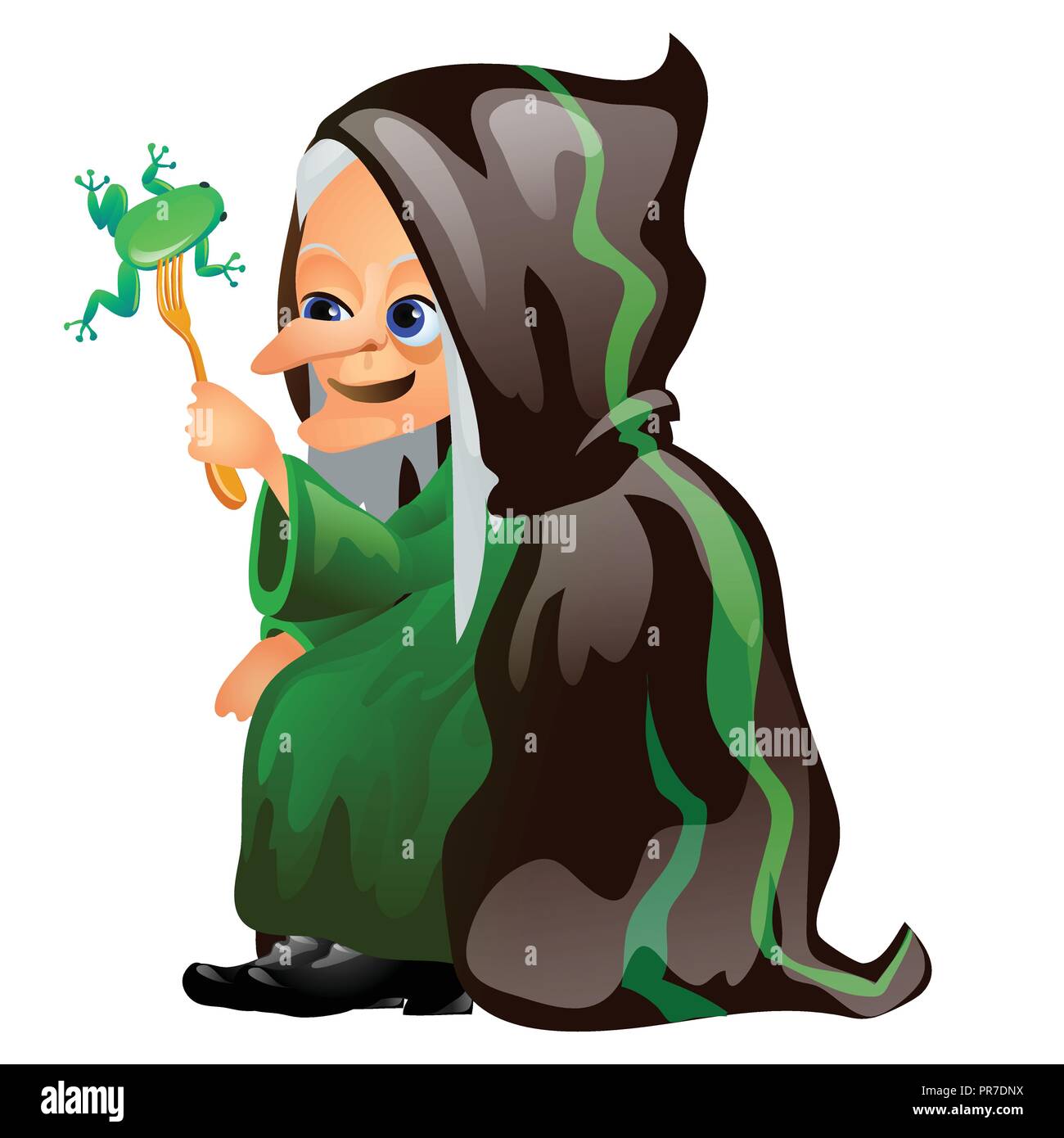 Alten grauhaarigen Hexe in einem schwarzen Umhang mit einer Gabel ißt Frosch  auf weißem Hintergrund. Skizze für ein Plakat oder eine Karte für Urlaub  aller bösen Geister Halloween. Vektor cartoon Close-up Abbildung