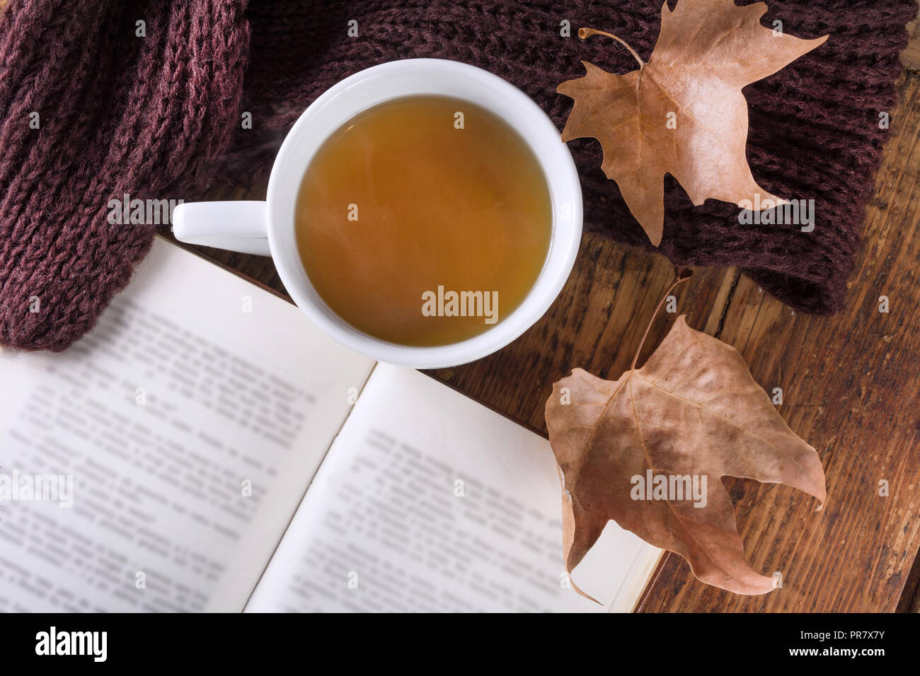 Buch mit Tasse Tee öffnen und trockenen Blatt auf Schreibtisch fallen. Herbst Retro und Vintage Hintergrund Konzept. Ansicht von oben, in der Nähe und selektiven Fokus Stockfoto