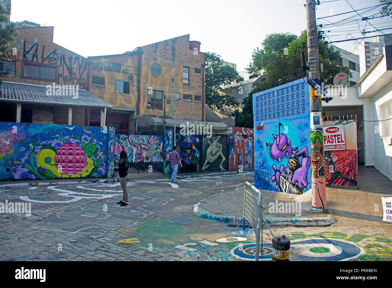 Street Art in einer Gasse an Beco do Batman, berühmte Vila Madalena artsy Bezirk, Sao Paulo, Brasilien Stockfoto