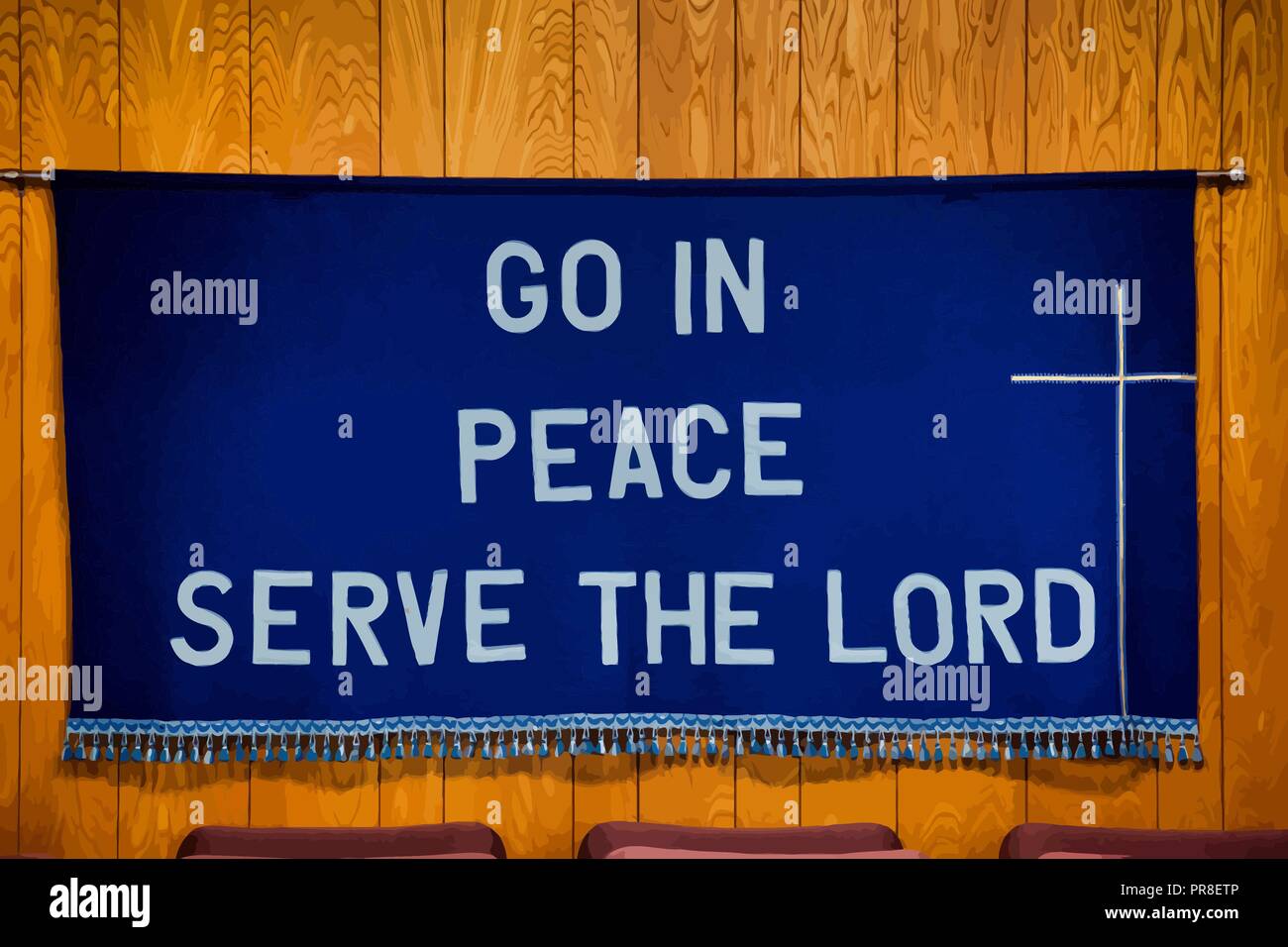 "Gehe hin in Frieden dienen dem Herrn' auf dunkelblauem Tuch mit einem weißen Kreuz auf der rechten Seite, Quasten alle entlang der Unterseite des Stoffes. Stock Vektor