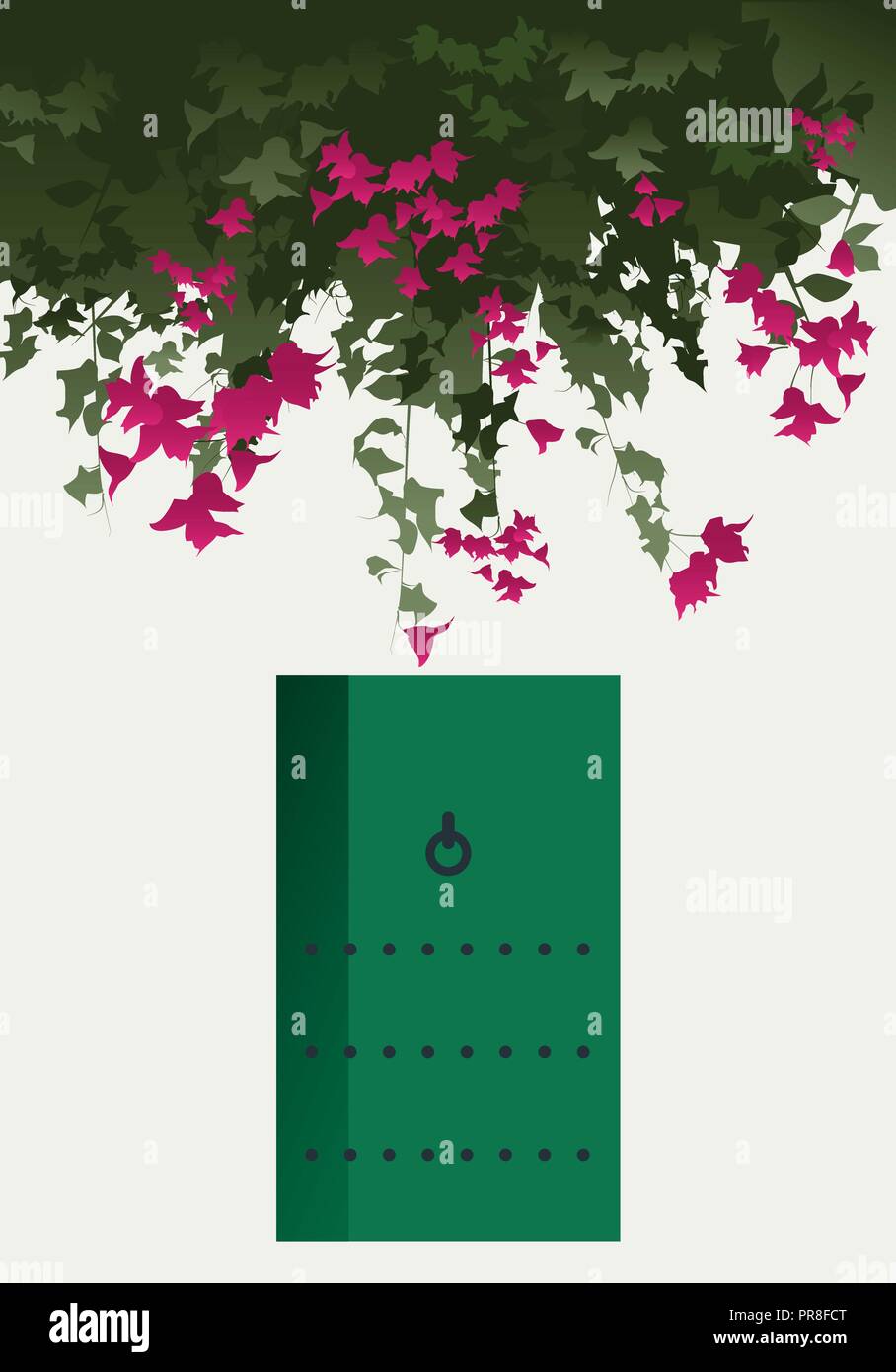 Bougainvillea Blumen und grüne Tür in der traditionellen mediterranen Haus Stock Vektor