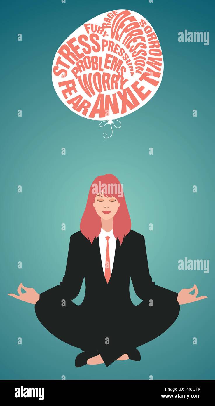Geschäftsfrau Yoga. Meditation. Entspannen und Loslassen der Schwierigkeiten. Retro Style. Stock Vektor