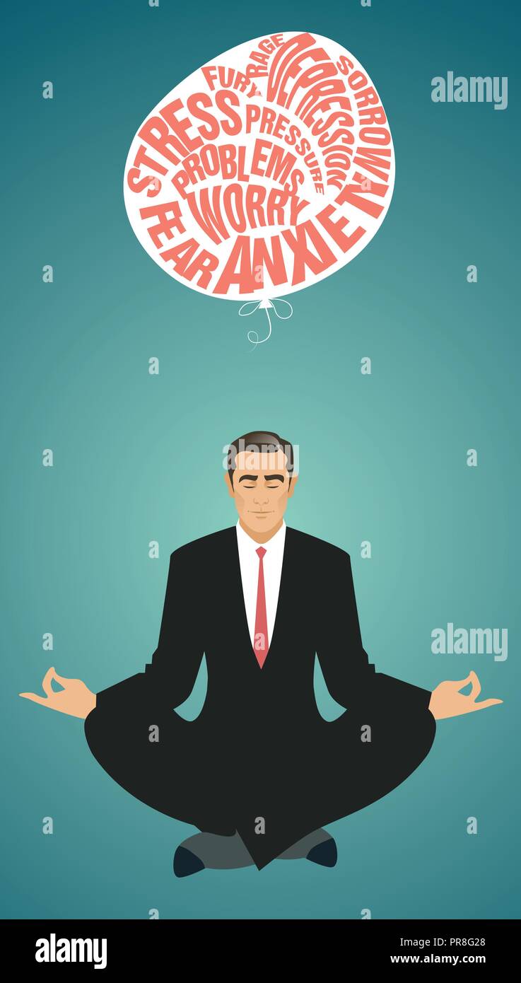 Geschäftsmann Yoga. Meditation. Entspannen und Loslassen der Schwierigkeiten. Retro Style. Stock Vektor