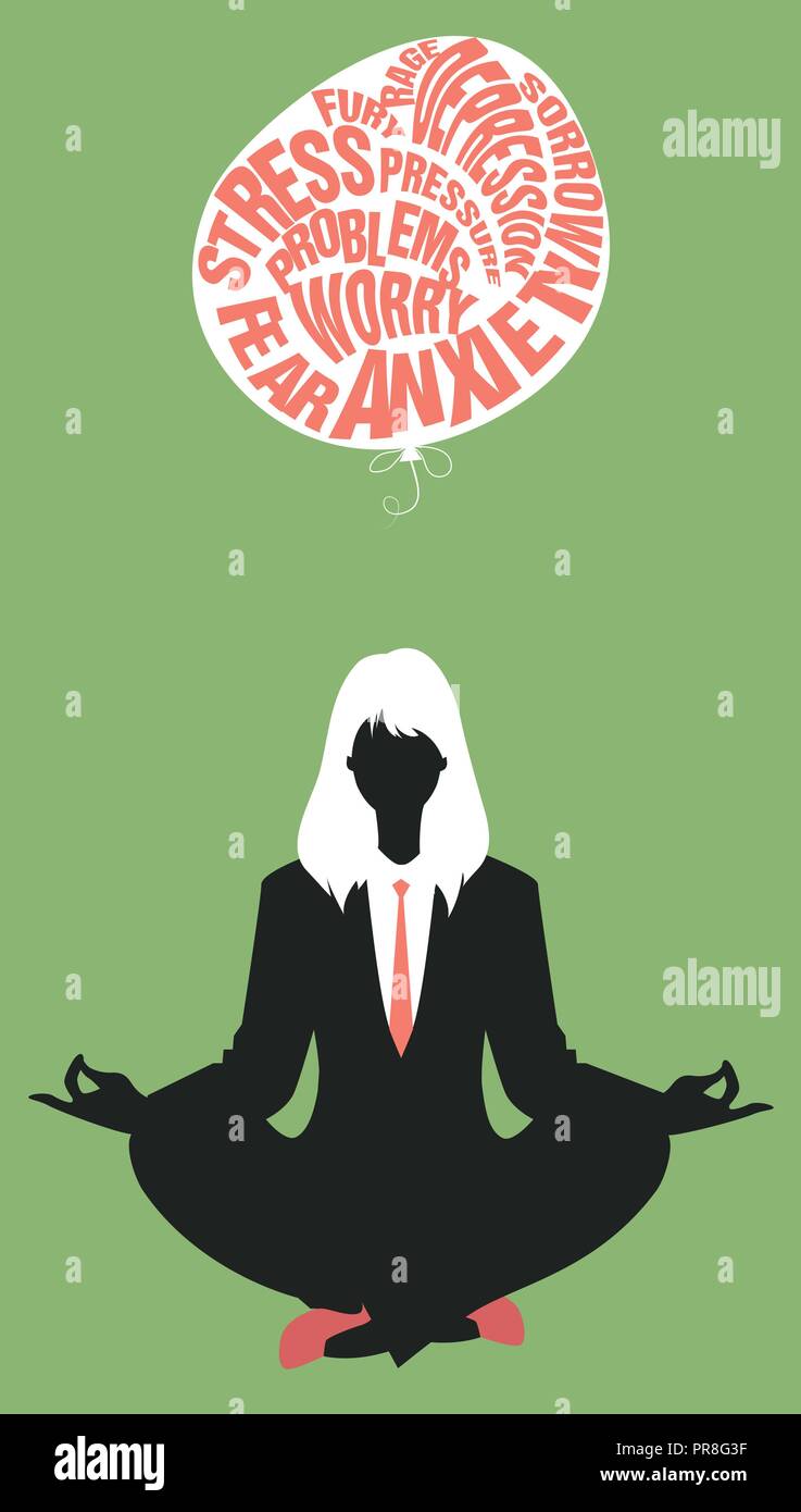 Geschäftsfrau Yoga. Meditation. Entspannen und Loslassen der Schwierigkeiten. Retro Style. Stock Vektor