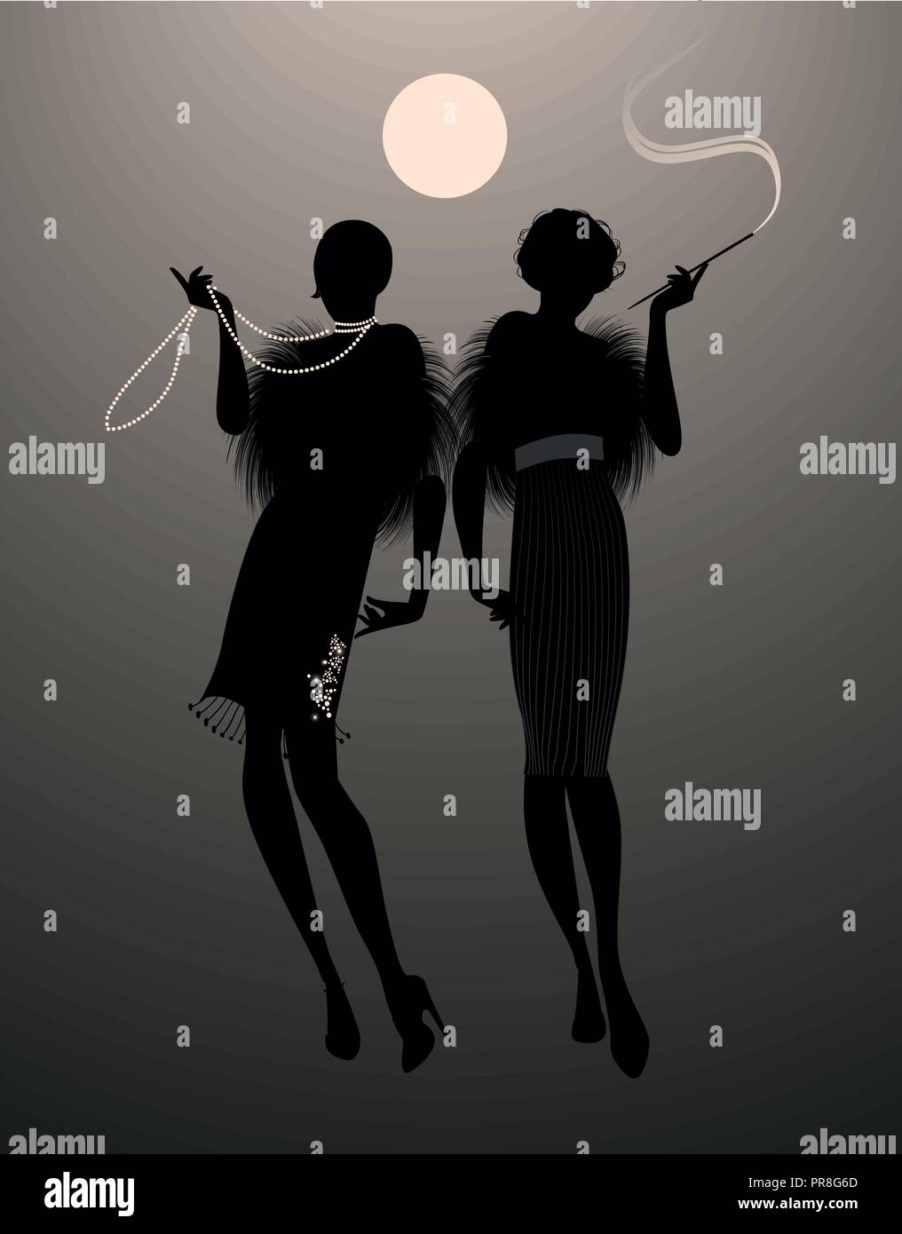 Zwei elegante Flapper Girl Silhouetten unter dem Mond Stock Vektor
