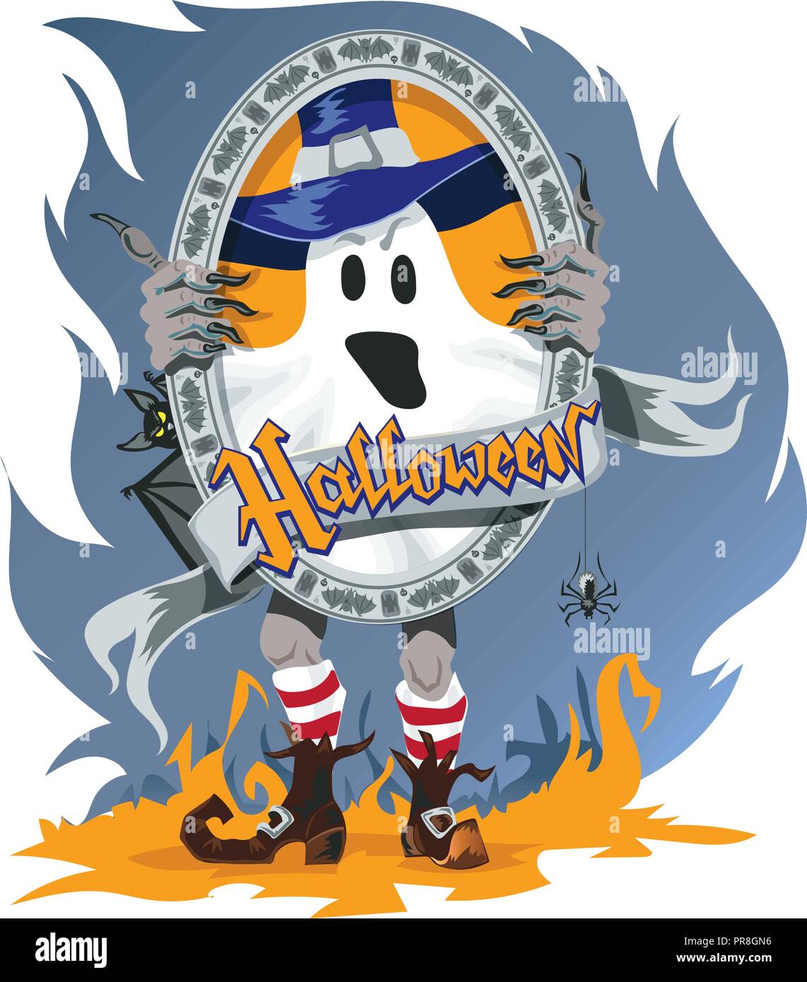 Cartoon Cute Halloween ghost und Spiegel Vektor. Stock Vektor