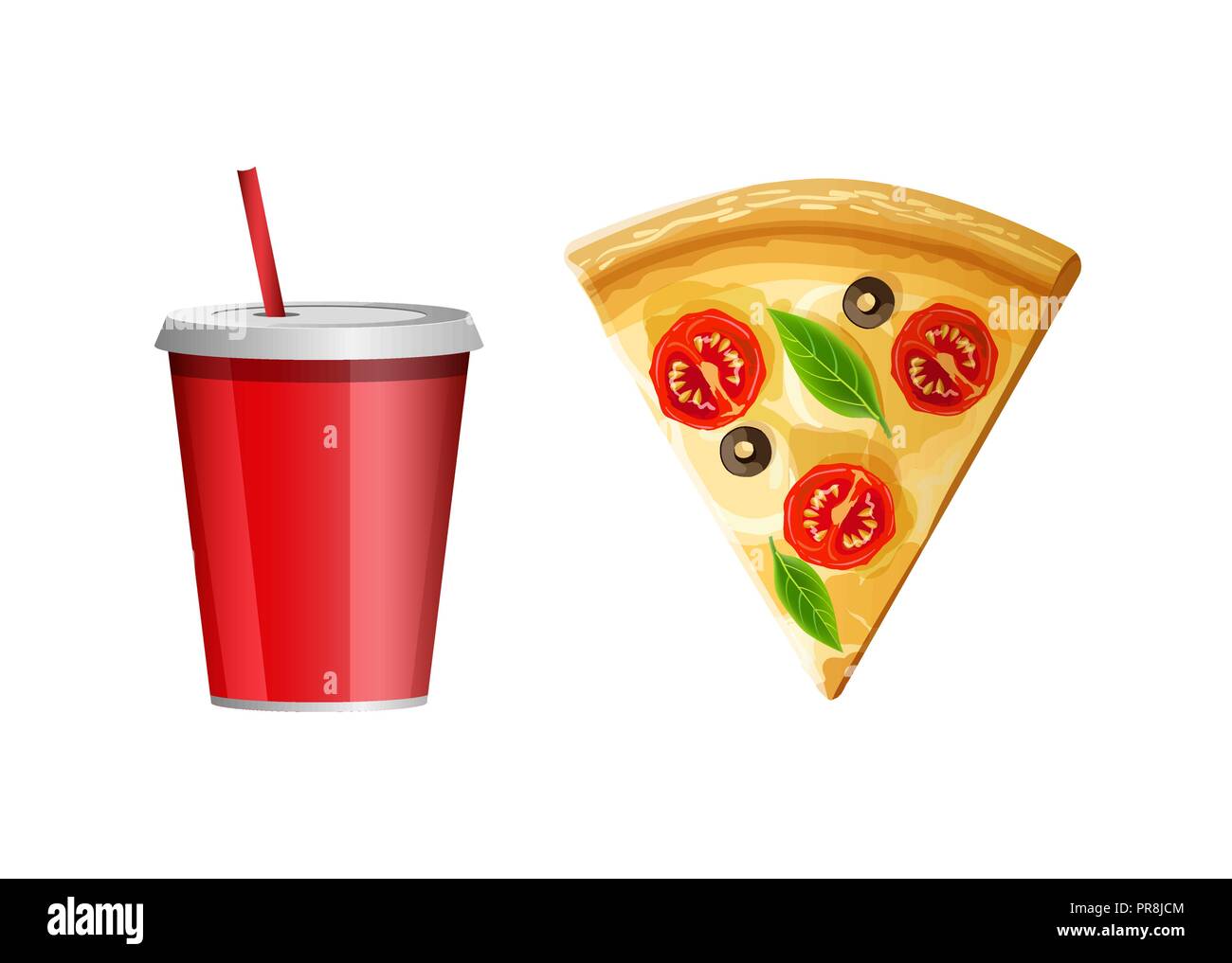 Fast food Symbol, Stück Pizza und Soda Wasser Schale Stock Vektor