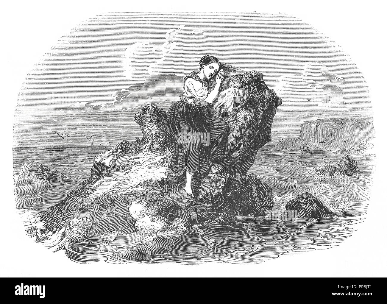 19 Abbildung: Eine junge Frau, die auf einem Meer rock. Originale Kunstwerke in Le Magasin Pittoresque von M. A. Lachevardiere, Paris, 18 veröffentlicht. Stockfoto