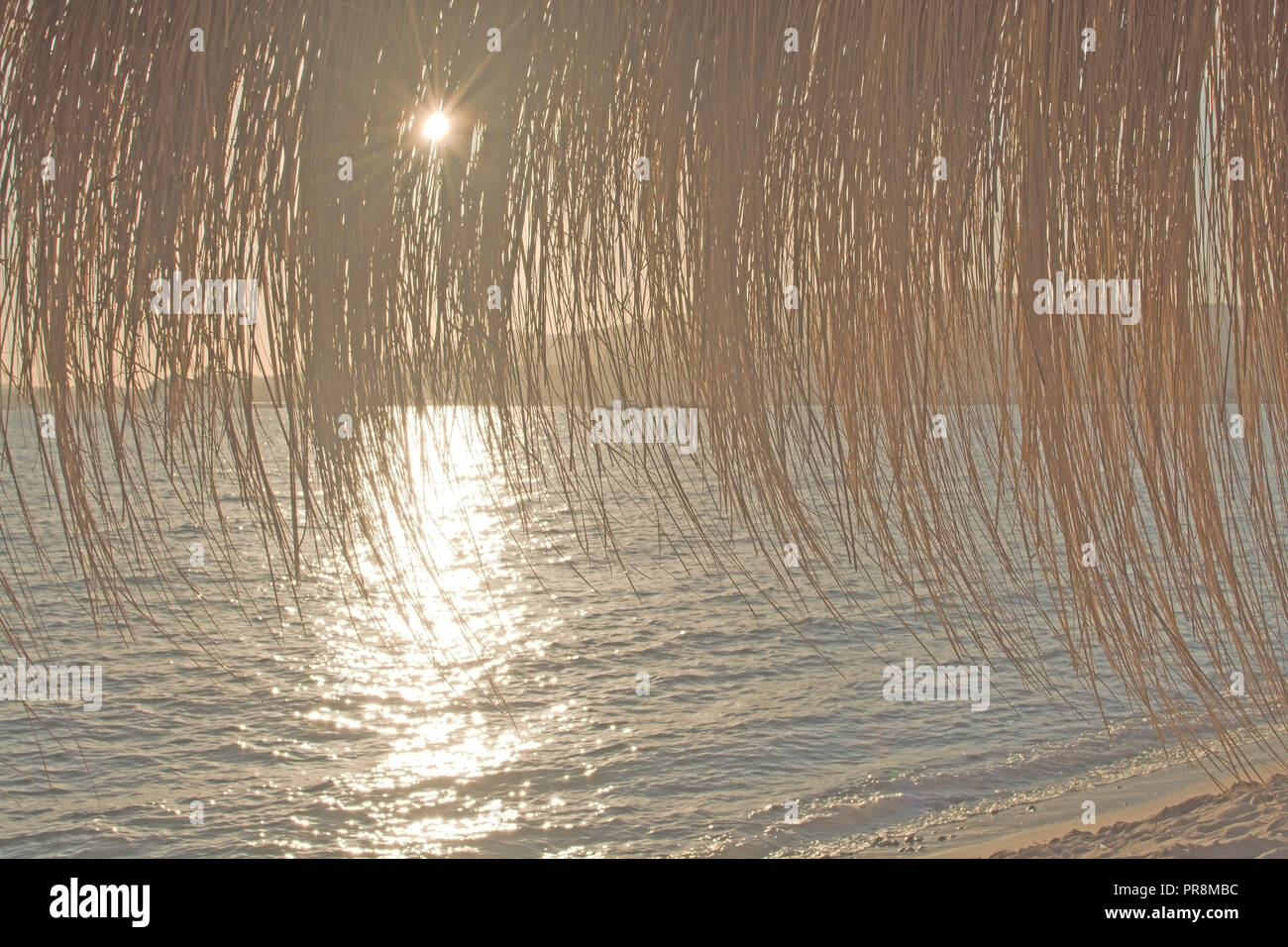 Sonnenuntergang glitzernde Wasser Silhouette bis Strand Stroh Sonnenschirme in Palma de Mallorca, Spanien Stockfoto
