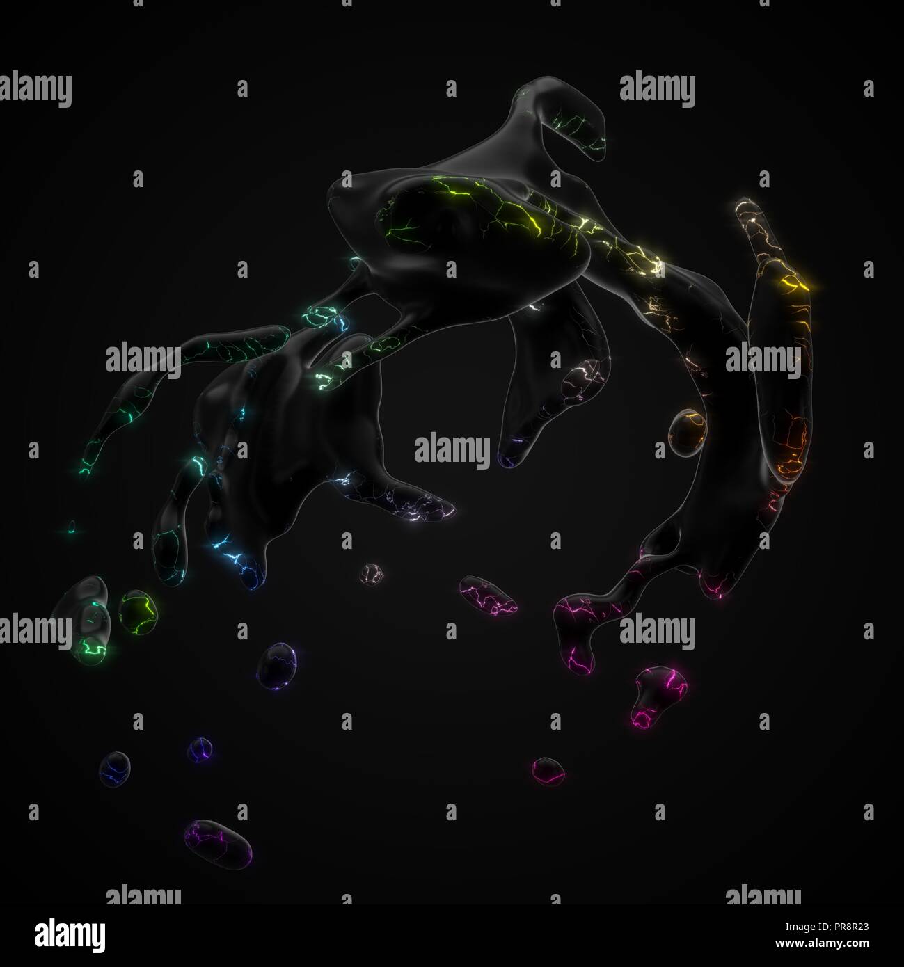 Seltsame blackfluid Bewegungen ohne Gravitation. 3D-Darstellung Stockfoto