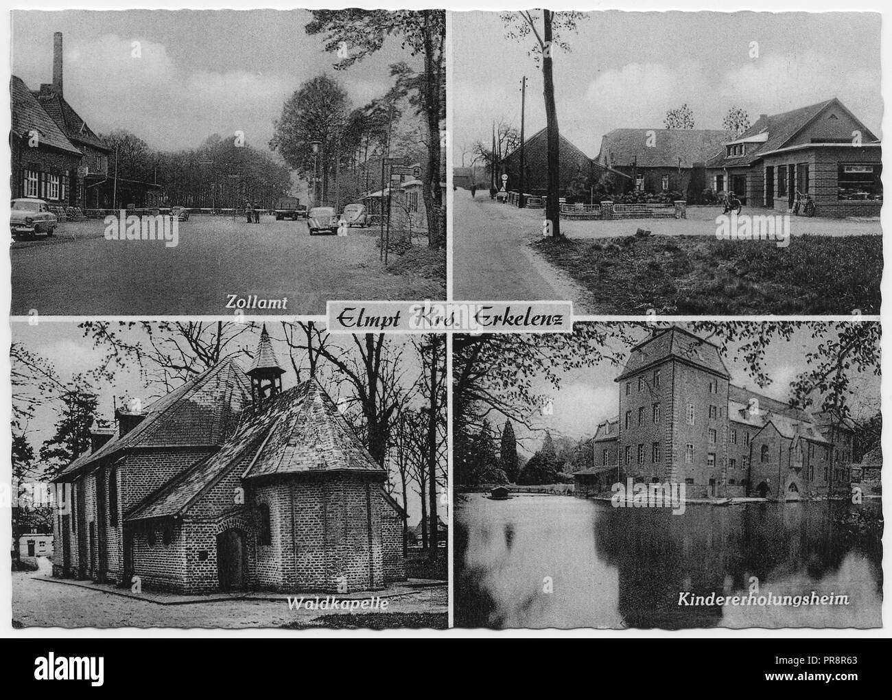 Eine Postkarte aus Elmpt eine Stadt in der Gemeinde Niederkrüchten im Kreis Viersen, Nordrhein-Westfalen, Deutschland Baujahr 1962. Mit dem kindererholungsheim, Zollamt und Waldkapelle. Stockfoto